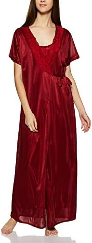 KAMFATE Women's Satin Regular Fit 4 Piece Nighty Set (Maroon, Free Size)