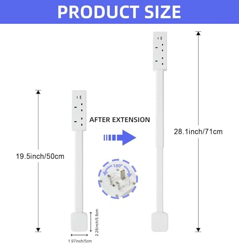 Electrical Outlet Socket Extender Stick,1500W Power Expander Strip with 2 AC Outlets & USB-A & USB-C Ports, 71.5CM Extendable Rotating 180°, Wall Plug for Behind Couches, Nightstands, Desks, (White)