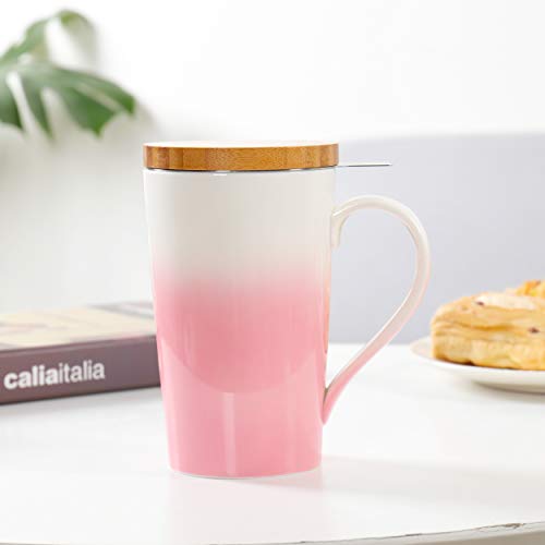 TEANAGOO M066-P Bone China Tea-Mug with Diffuser and Lid, 18 OZ, Pink, Office Tea-cup with steep strain Steeper Brewing Strainer for Loose Leaf Tea, One Tea Drinking Filter Set for Tea Lover - Thumbnail 4