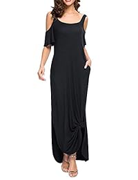 Yanekop Mujer Verano Casual Vestidos largos sueltos Vestido de playa de manga corta con hombros fríos y bolsillos