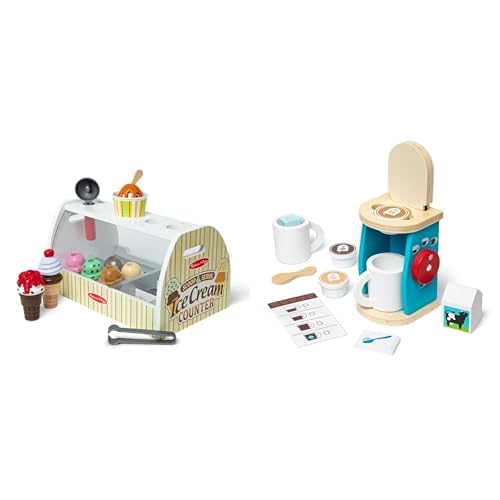 Melissa & Doug Pretend Play Set: Wooden Ice Cream Counter (28 Pieces) & Coffee Maker Set (11 Pieces) - Play Kitchen Accessories for Kids 3+