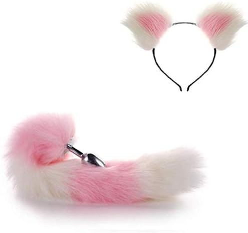 CHGDFQ Pink White Plush Fox Cat Ears Headband Tail Set Women Cosplay B-ütt an-âl Pl-ùg T-ö-ys