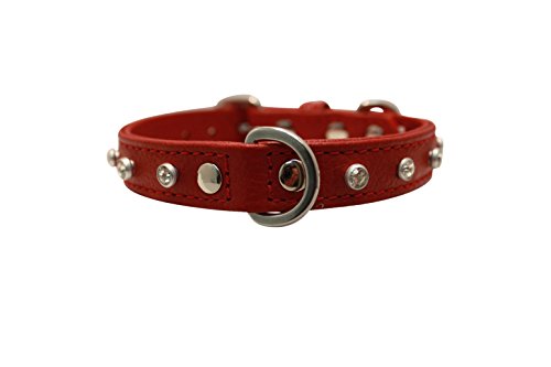 Rhinestones Bling Leather Dog Collar, Padded, Double-Ply, Riveted Settings, 14" x 5/8", Red, Leather (Athens) For Neck Size: 9.5" - 12"