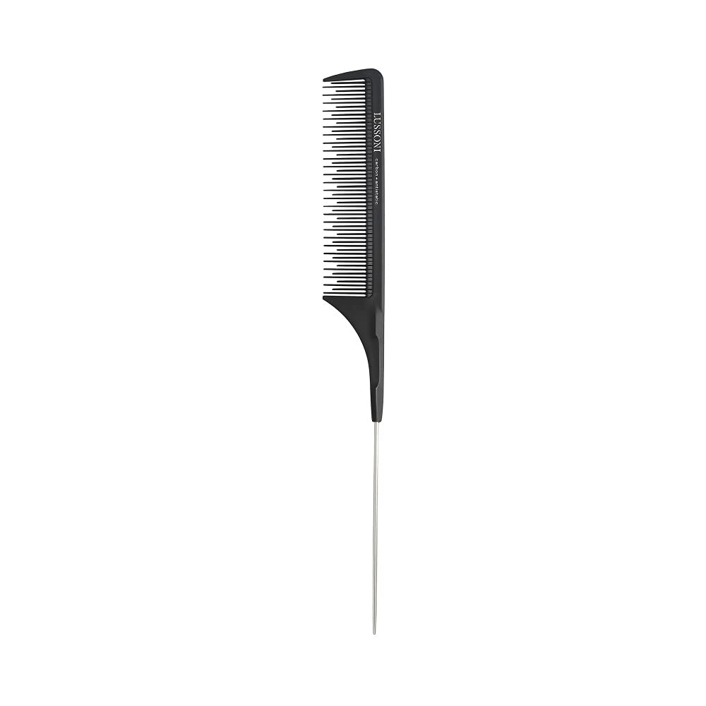 T4B Lussoni Pin Tail Comb Anti-Static and Shatterproof Carbon Handle Comb with Fine Teeth and Compartment Tooth (304)