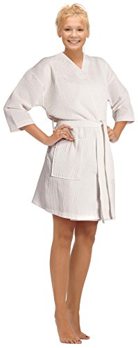 Women's Knee Length Waffle Weave Kimono Bathrobe, White, 2XL