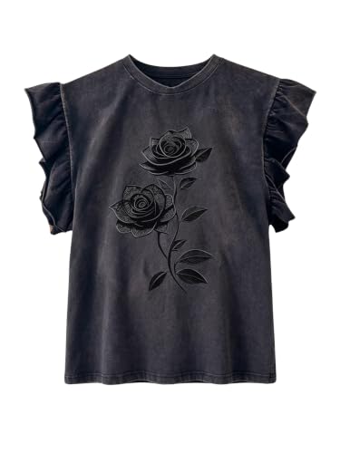 SOLY HUX Women's Summer Graphic Tees Letter Leopard Butterfly Print Ruffle Cap Sleeve T Shirt Crew Neck Casual Tee Tops Black Floral X-Large at Amazon