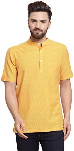 Dhrohar NEUDIS Cotton Short Roll Up Sleeve Mandarin Collar Short Kurta for Men Partyware Dress (Yellow)