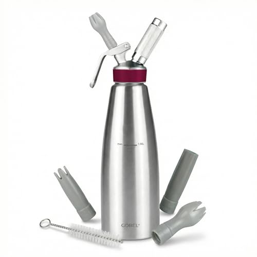 GOBEL - Professional Stainless Steel Kitchen Siphon - Whipped Siphon Stainless Steel Bowl and Head - 1L - Professional Quality (Conforms to NF D21-901)