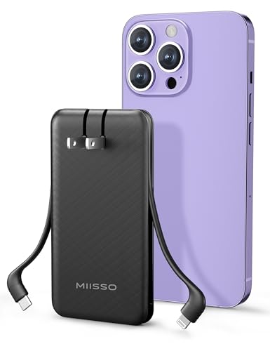 miisso Ultra Slim 10000mAh Power Bank Built-in Cables and Foldable AC Wall Plug, Pocket Size USB C Portable Charger, External Battery Pack Compatible with iPhone Samsung, Black