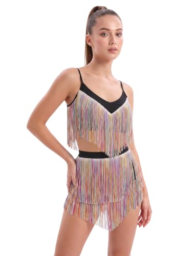 ODASDO Womens Rave Outfit 2 Piece Rainbow Fringe Set Black M at Amazon