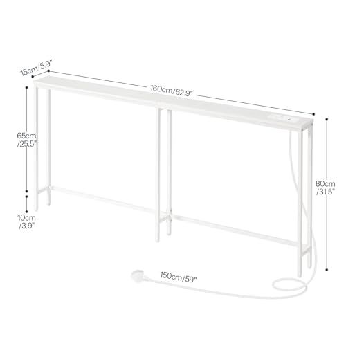 HOOBRO Narrow Console Table with Charging Station, 160 cm Behind Sofa Couch Table, Long Hallway Table, Slim Console Table for Hallway, Entryway, Living Room, White EWW165KXG01