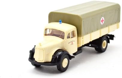 HO Scale Emergency 1950s Mercedes-Benz L 311 Low-Side Delivery Truck - Assembled -- With Red Cross Canvas Cover DRK Hilfzug (cream, black, red, German Lettering