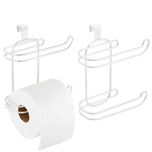 mDesign Metal Compact Hanging Over The Tank Toilet Tissue Paper Roll Holder and Dispenser for Bathroom Storage - Holds 1 Extra Roll - Space Saving Design - 2 Pack - White