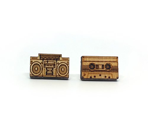 Boombox and Tape, Handmade, Earrings .Made in the USA (Natural Wood)