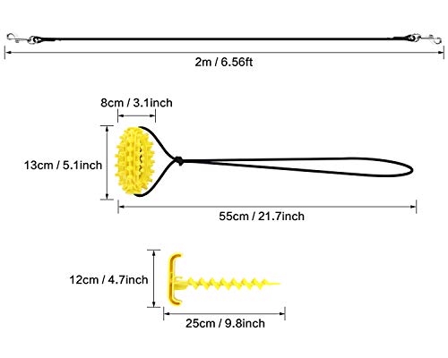 Pecute 3 In 1 Dog Tie Out Cable and Stake, Dog Tug of War Toy Puppy Chew Toys Portable Dog Teething Toy, Tough and Bite-Resistant, Molars, Teeth Cleaning(Yellow, 2m Cable)