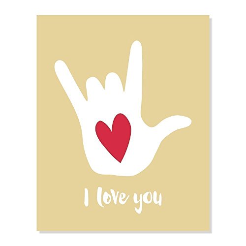 I Love You Hand Sign Language Poster Art Print with Red Heart (Yellow Marigold Color, 8x10 inches)