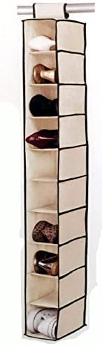 Easy Attach Compact Hanging Multi Purpose Organizer- 10 Compartment/Shelf Velcro Equipped Attachment Method - For Shoes- Belts -Toys - Scarves - Costume Jewelry and More (TAN)