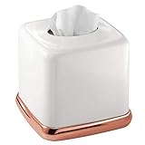 mDesign Square Facial Tissue Box Cover Holder for Bathroom Vanity Counter Tops, Bedroom Dressers, Night Stands, Desks and Tables - Solid Steel Construction, White with a Rose Gold Base