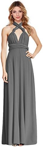 Dating Date Convertible Multi Way 6 Use Deep V Neck Formal Slim Maxi Dress Grey Large