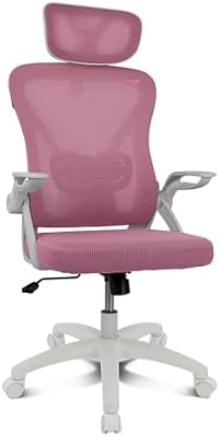 DRAIR35 – Cadeira ergonómica de escritório e secretária em casa com malha elástica respirável, reclinável entre 90-120°, apoio de cabeça e braços dobráveis, suporta até 120 kg, rosa-branco