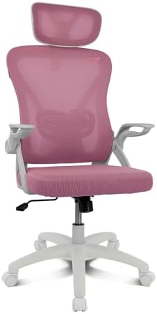 DRAIR35 – Silla Escritorio Ergonómica Oficina y Hogar de Malla tensada Transpirable, Reclinable 90-120°, Reposacabezas y Reposabrazos Abatibles, Soporta hasta 120 kg, Rosa-Blanco