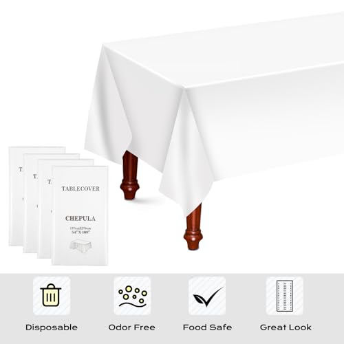 Chepula Disposable White Tablecloth, Waterproof Birthday Tablecloths, Rectangular, Suitable for Wedding, Party, Children’s Birthday, Christmas, 137 x 274 cm, White, Pack of 4