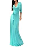 VIVICASTLE Women's Solid V-neck 3/4 Sleeve Wrap Waist Long Maxi Dress (LARGE, Mint)