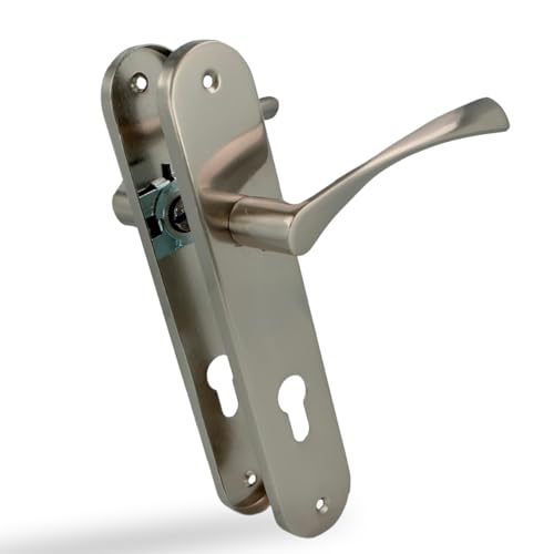 Amig - Set of Handles with Steel Plate for Doors | ISHI PB85 | 240 x 45 mm | 8 mm Square | Elegant and Simple Design | with Key | Brushed Nickel Aluminium