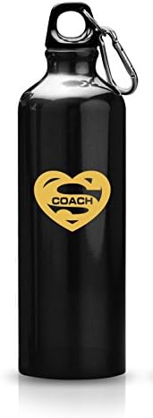 SUPER MUGS Super Coach Insulated Aluminum Water Bottle, Twist Cap and Carabineer, 24 oz, Black and Gold (Heart), 1