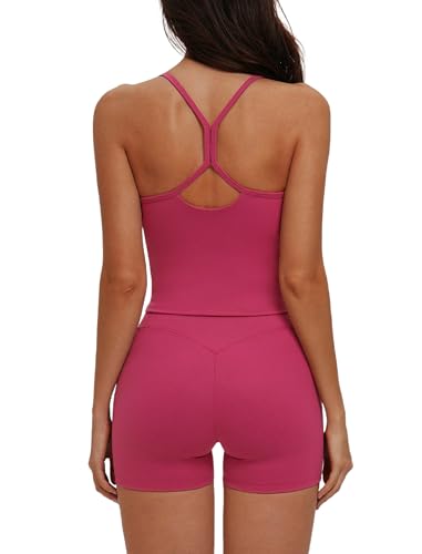 ABOCIW Workout Sets for Women, 2 Piece Racerback Cropped Tank Top Matching High Waist Tummy Control Shorts Gym Yoga Pilates Outfits Work Out Clothes Activewear Rose Berry Large at Amazon