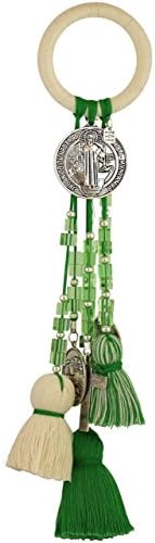 Home Blessings and Catholic Decor Religious Gifts with Saint Benedict Medal, Crucifix and Virgin Mary Specially Designed with Hand-dyed Organic Threads and Handmade Lampwork Beads T100GREEN