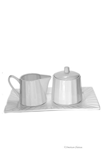 Modern Ribbed Coffee Porcelain White Covered Sugar Bowl & Creamer Set with Tray