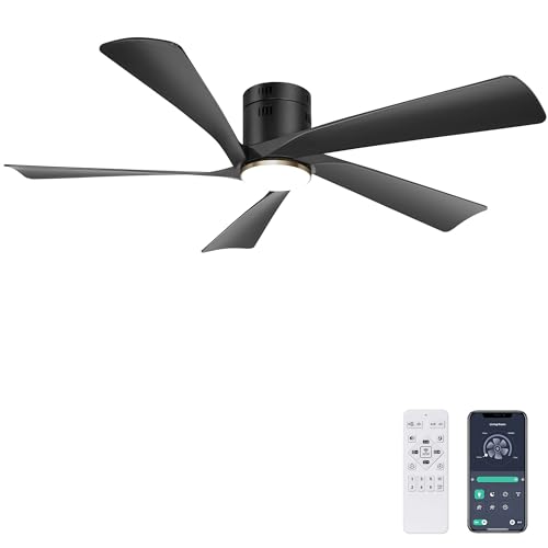 Ohniyou Ventilador de Techo de 52" con Luces LED, Mando a Distancia y Control APP, Ventiladores de Techo de Exterior de Montaje Empotrado, Luz Regulable, Motor DC Silencioso, Reversible, Negro
