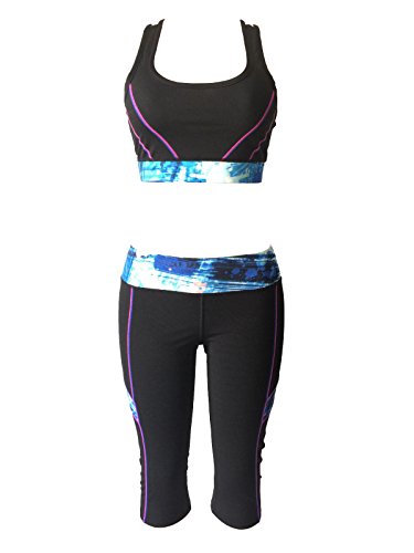 Women Gym Yoga Workout Activewear Sets Unpadded Sports Bra Top + Crop Leggings 2 Pieces Set (M/L, Blue/Pink Black Mix)