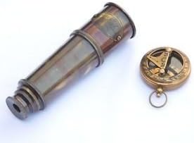 Vintage Maritime Pocket Spyglass Brass Telescope Nautical Sundial Compass Set