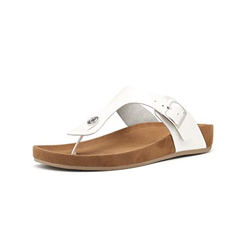 Women's T-Strap Thong Sandals Buckle Slip On Flip-Flops Beach Casual Platform Footbed Slippers (5, White)