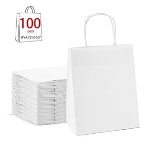 Image of GSSUSA 8x4.75x10.5"100pc White Paper Bags with Handles,Goodie Bags, Mechandise Bags, Retail Bags, Party Bags, White Bags with Handles Bulk, 100% Recycled Paper Bags