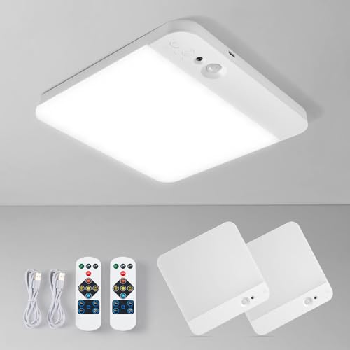 Leselux Ceiling Light with Motion Sensor, Wireless Ceiling Light with Remote Control, 3 Colour Temperatures Dimmable, Rechargeable Ceiling Light for Porch, Stairs, Garage, 2 Packs