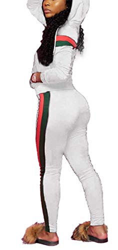 TOP-MAX Women 2 Pieces Tracksuit Ladies Zipper Playsuits Sportswear Strip Hooded Zip up Sweatshirt Hoodies + Pants Trousers