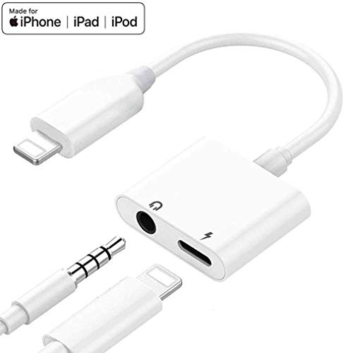 Headphones Adapter for iPhone Adapter 3.5mm Aux Headphone Jack Adaptor Charger for iPhone 8/8Plus/7/7Plus/XS 2 in 1 Earphone Audio Dongle Connector Jack Splitter Cable Accessories Suppor All iOS–White