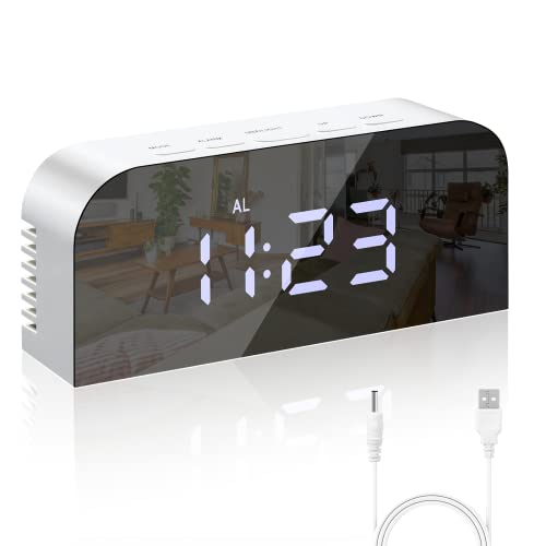 Vinabo Réveil Matin Numérique Miroir, LED, Horlogue Digitale, Chevet, 2 Niveaux de Luminosité,12/24H, avec 2 Ports De Charge USB, Décoration Moderne pour la Maison ou la Chambre, Blanc