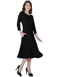 Vestido informal de mujer YMING Vestido plisado a media pierna de otoño con manga 3 4 y bolsillos