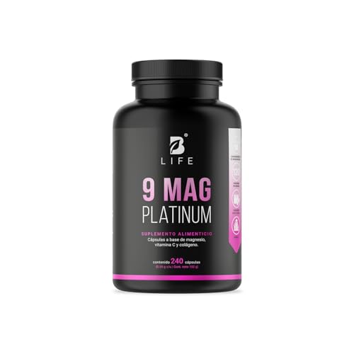 Mezcla de Magnesios Premium con 240 Cápsulas 1100 mg por poción. Adicionado con Colágeno Hidrolizado y Vitamina C. 9 Mag Platinum B Life.