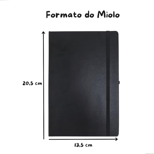 Caderneta A5 Tipo Moleskine Executiva, Capa em Couro Sintético Premium, com Elástico para Fechar, Fita Marca Páginas e Porta Caneta (Preto com Pauta)