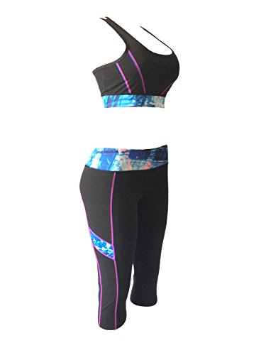 Women Gym Yoga Workout Activewear Sets Unpadded Sports Bra Top + Crop Leggings 2 Pieces Set (M/L, Blue/Pink Black Mix)