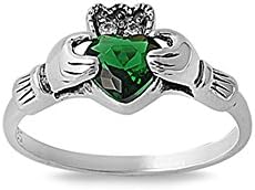 .925 Sterling Silver Classic Irish Claddagh May Birthstone Cz Ring