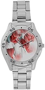 Custom Red and White Tulips Flower Men's Stainless Steel Analog Watch