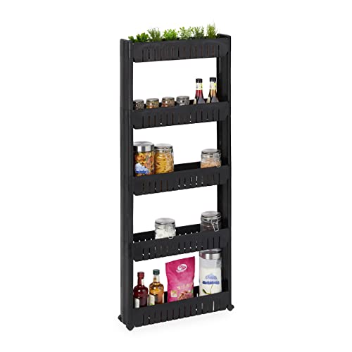Relaxdays Niche Trolley, 5 Shelves, Narrow Shelf for Bathroom & Kitchen, 131x12.5x54 cm, Rolling Storage Plastic, Black