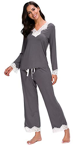Jusfitsu Womens Cotton Pajamas Set Long Sleeve Top Shirt with Pants Sleepwear Modal Soft Loungewear Lace Grey M - Thumbnail 6