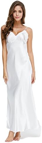 TVRtyle White Long Women's Satin Lace V-Neck Chemise Nightgown Sexy Full Sleepwear S-XL (X-Large)
